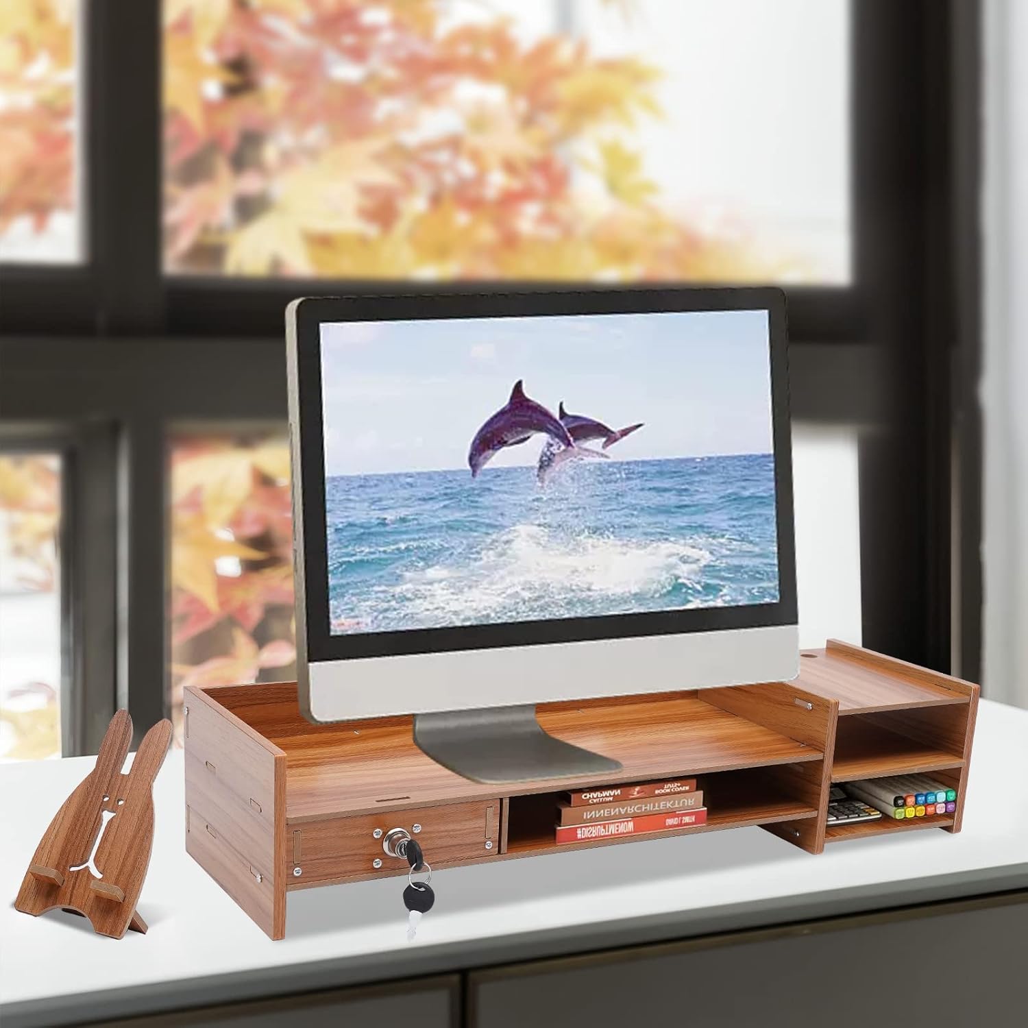 Monitor Stand Riser with Drawers, Wood Color, for Desk and Laptop M58183