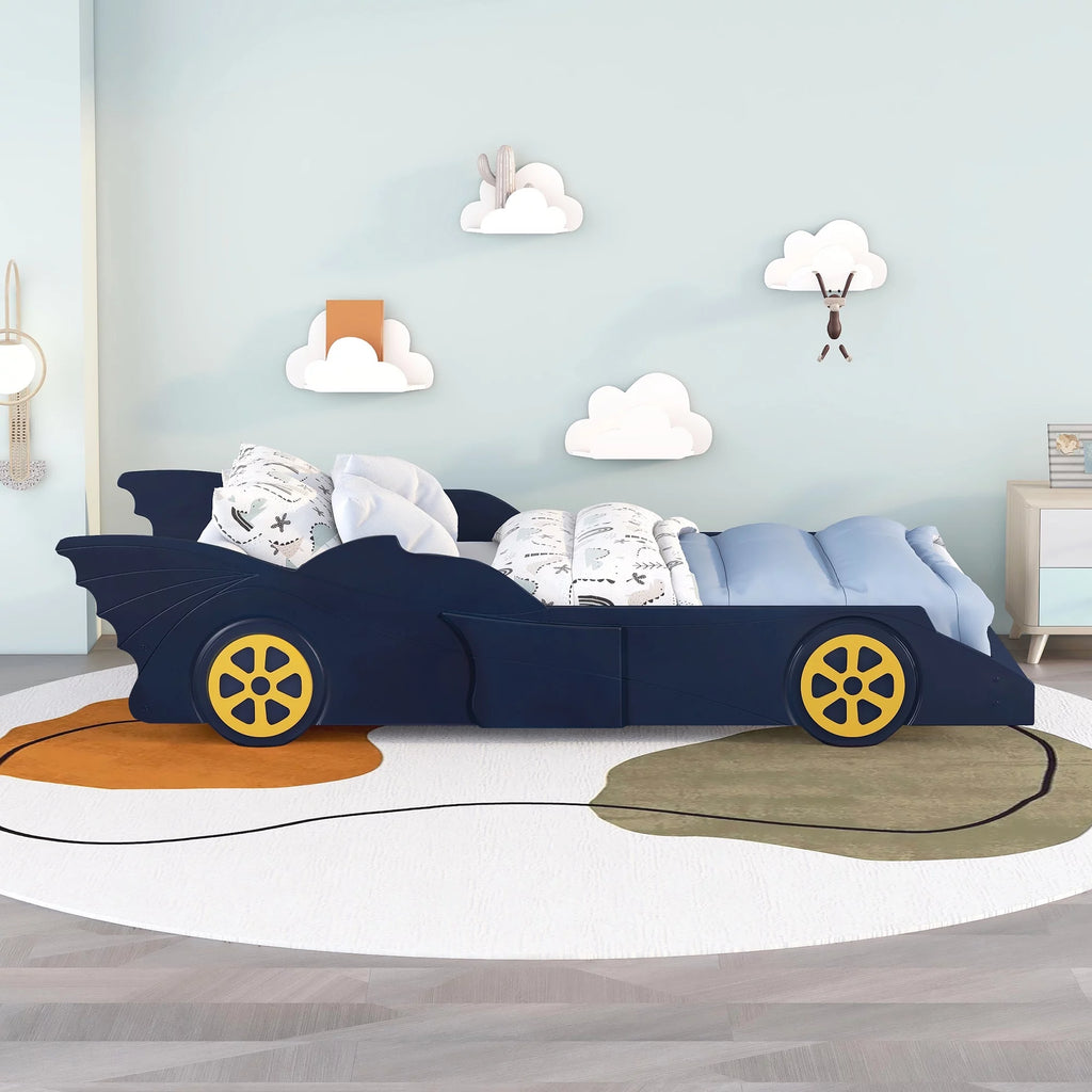 iRerts Race Car Shaped Twin Bed Frame for Kids, Wood Platform Bed with Wheels, Blue/Yellow V249491