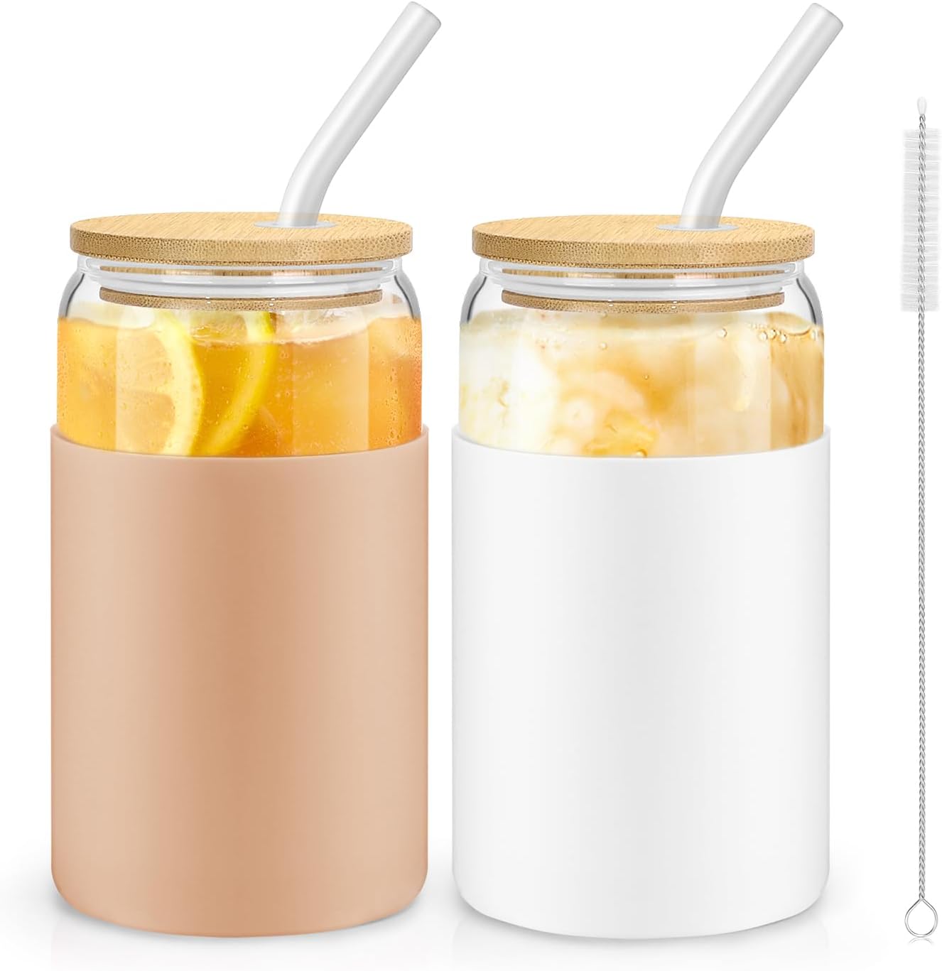 sungwoo Glass Cups with Bamboo Lids and Straws, 16OZ Ice Coffee Cup, Drinking Cup set with Wooden Lids and Silicone Sleeve, Home Essential Glass Tumblers for Beer, Tea and Latte 2 Pack