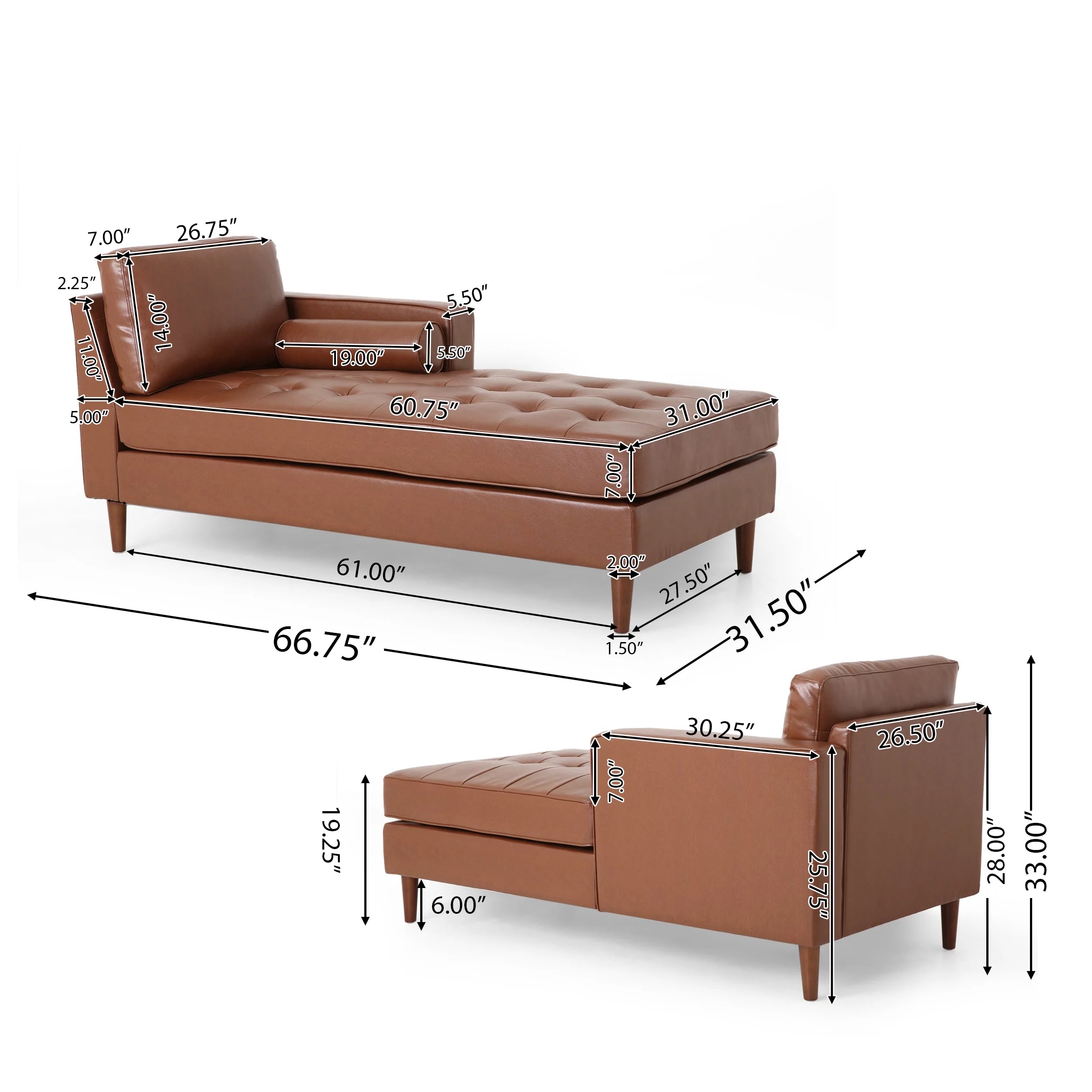 GDF Studio Hixon Faux Leather Tufted Chaise Lounge, Cognac Brown X215