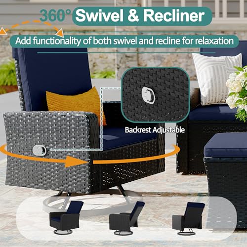 6 Piece Wicker Patio Furniture Set with Swivel Recline Chairs and Storage Ottoman X6280