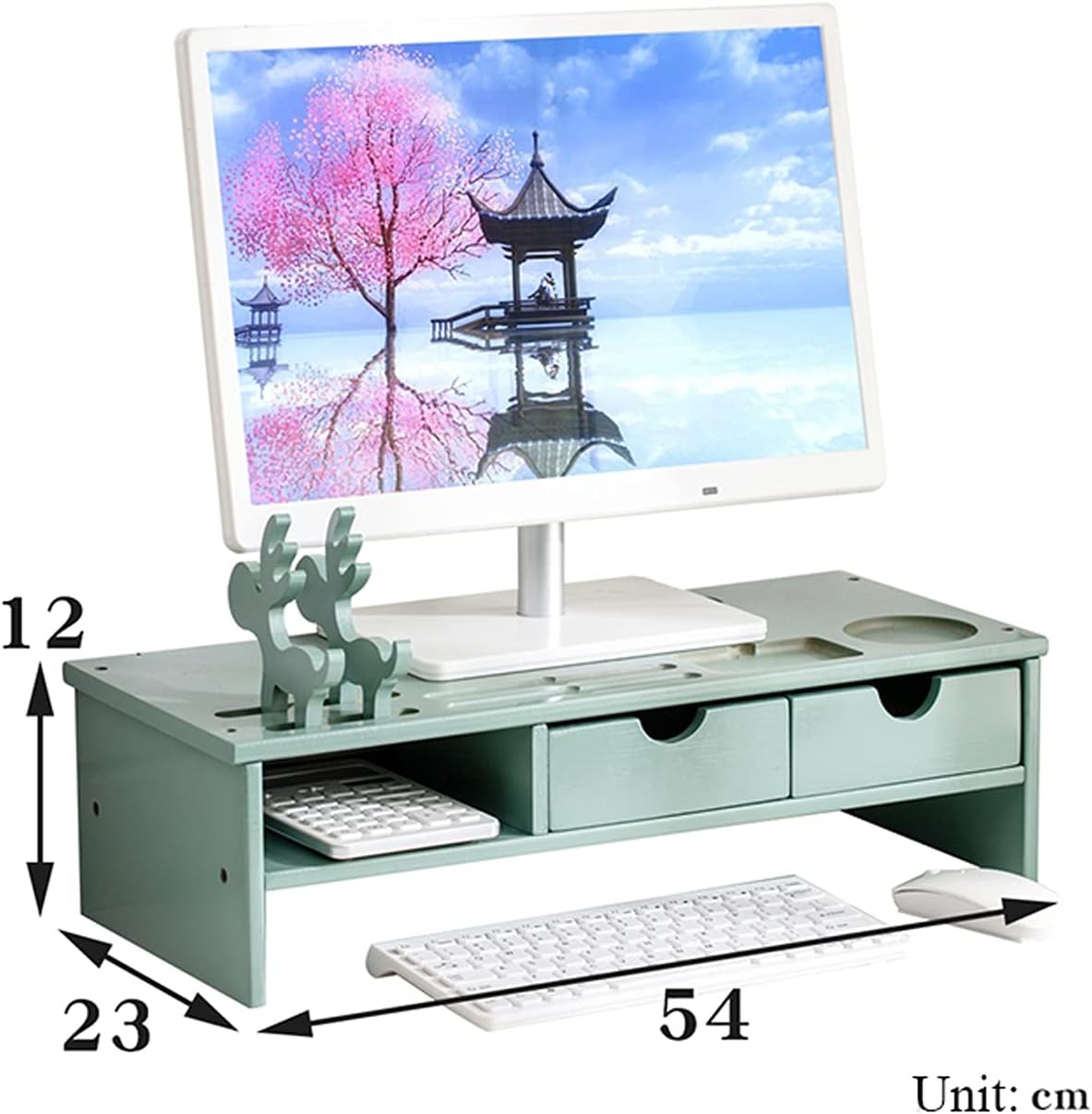 Bamboo Monitor Stand with Drawers Ergonomic Computer Riser Q7487