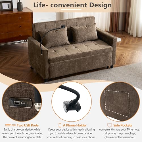 Merax 3 in 1 Convertible Sleeper Sofa Bed Futon with USB Ports, Brown V2286