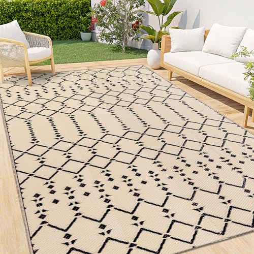 Smiry Waterproof Outdoor Rug 5x8 ft, Reversible Plastic Straw Patio Mat, Black & Beige P20186