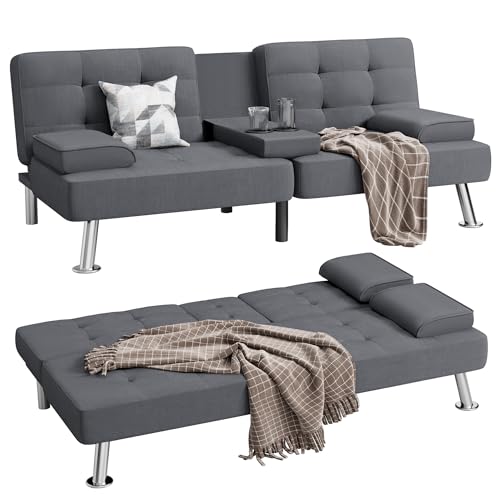 Shahoo Modern Linen Upholstered Convertible Futon Sofa Bed with Removable Armrests M32266