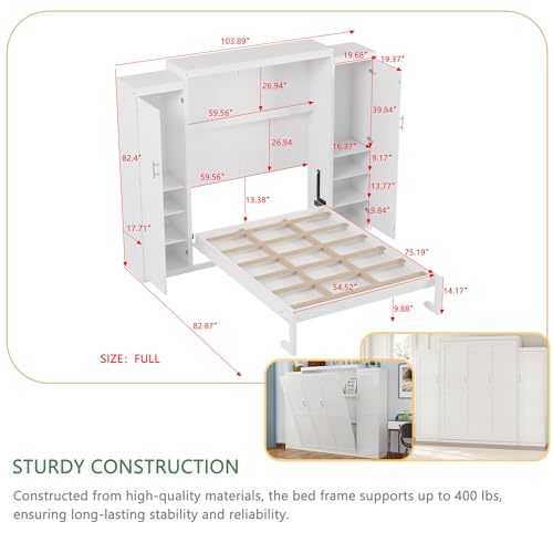 Polib Full Size Murphy Bed with Two Wardrobes and Storage Shelf, White S302797