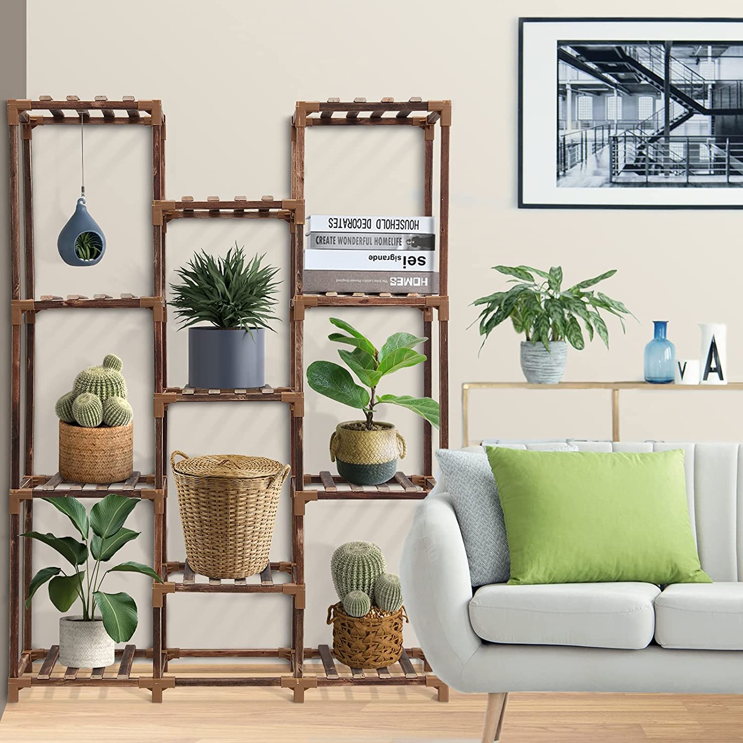 Homroll Plant Stand, Wood, 11-Tier Tall for Indoor Outdoor G909652