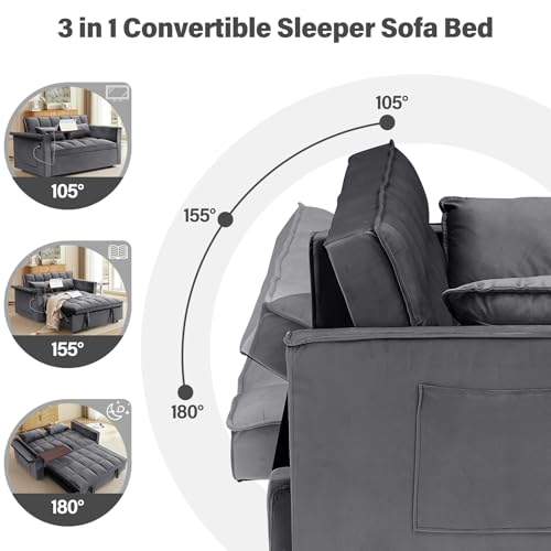WIIS' IDEA Convertible Sofa Bed 3-in-1 Velvet Sleeper with Adjustable Backrest, Gray L188547