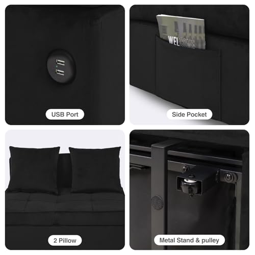 Velvet Convertible Sofa Bed Sleeper Chair with 2 Throw Pillows, Dark Grey U621331