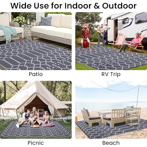 Smiry Waterproof Outdoor Rug 5x8 ft, Reversible Plastic Straw Patio Mat, Black & Beige P20186