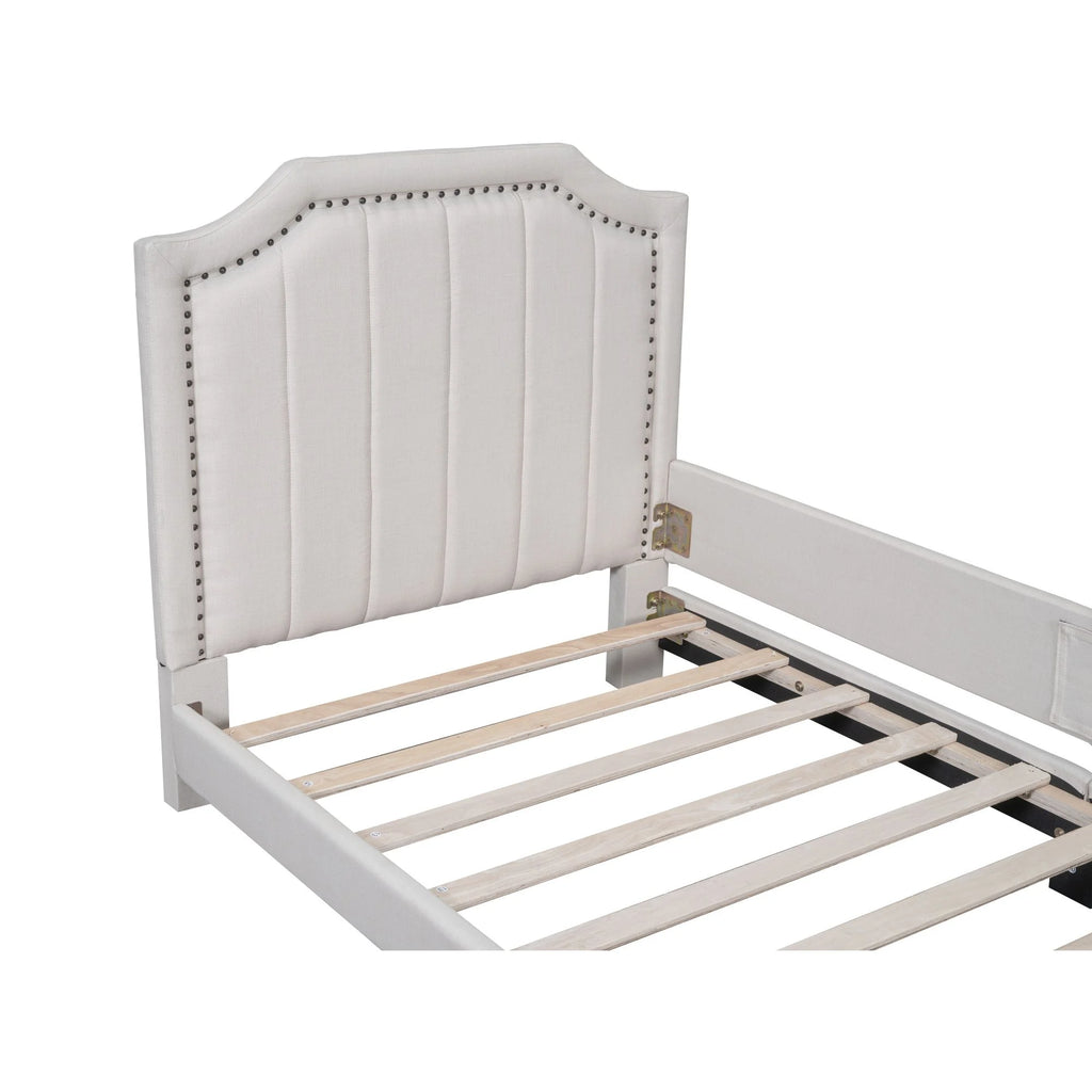 Twin Upholstered Platform Bed with Nailhead Trim and Storage M24169