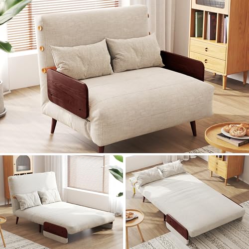 Convertible Chair Bed Sleeper for Adults with Wooden Arms, Linen G638