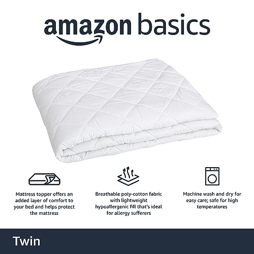 Amazon Basics Hypoallergenic Quilted Mattress Topper Pad, Twin XL, White Q2296