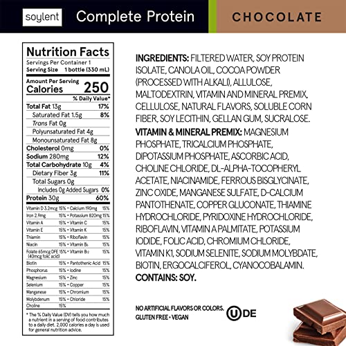 Soylent Complete Protein Shake, Chocolate, 30g Protein, Vegan, 11oz (12 Pack) S70120