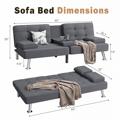 Shahoo Modern Linen Upholstered Convertible Futon Sofa Bed with Removable Armrests M32266