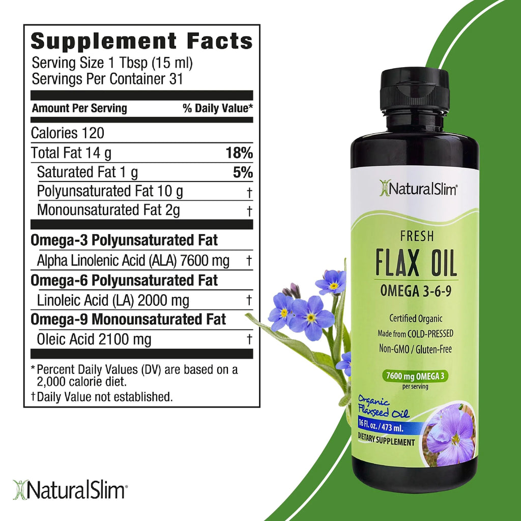 NaturalSlim Organic Cold-Pressed Flaxseed Oil with Omega 3 6 9, 16 fl. Oz Y753168