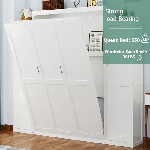 Polib Full Size Murphy Bed with Two Wardrobes and Storage Shelf, White S302797