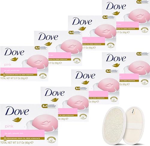 Dove Beauty Bar Soap for Washing Hands and Body, Mild for Skin, Bulk Pack of 8 Bars- 3.15 Ouce Each. Plus 1 Loofah Sponge Pad (Shea Butter)