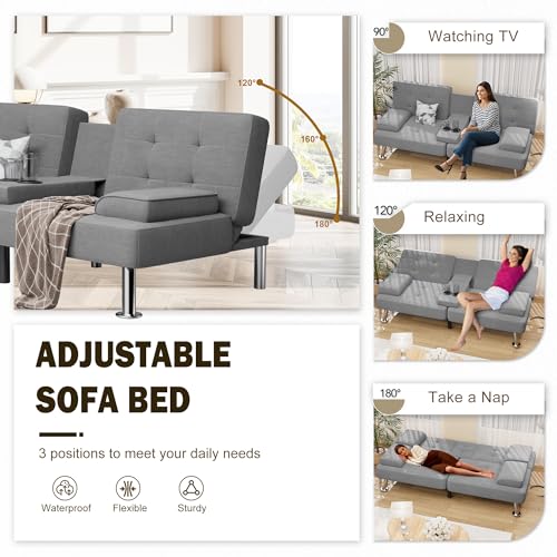 Shahoo Modern Linen Upholstered Convertible Futon Sofa Bed with Removable Armrests M32266