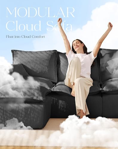 Comfy Cloud Couch with L-Shape Chaise, Modular Sectional Sofa in a Box, Soft Corduroy, Black U67688