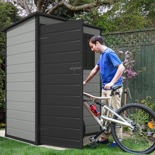 DWVO 5x3 FT Outdoor Storage Shed with Floor, Lockable Door & Window, Blue-Gray J40973