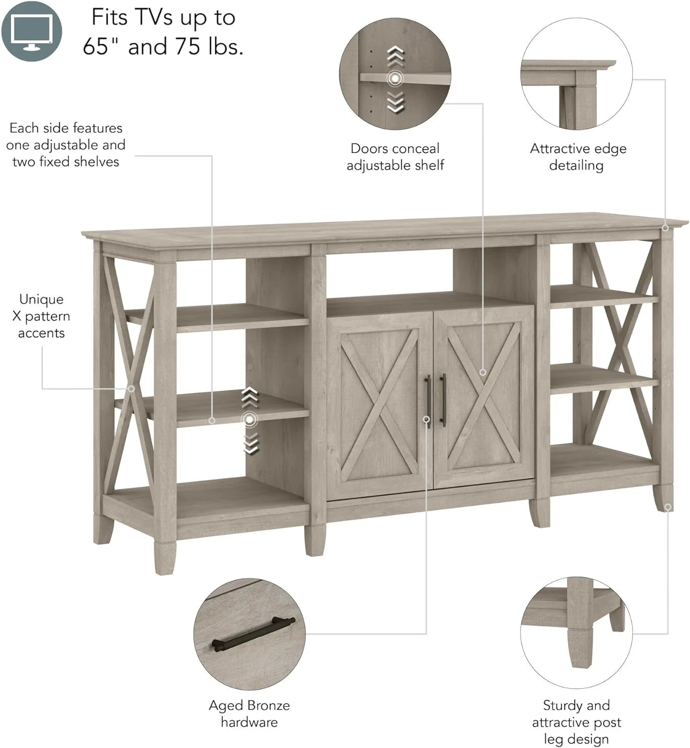 Key West Tall Stand for 65 Inch TV, Farmhouse Entertainment Center, Washed Gray F7941
