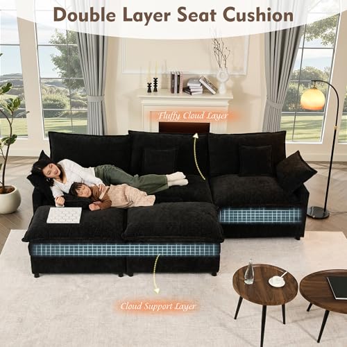 U Shaped Modular Sectional Sofa with Ottoman, Chenille, Black P2121