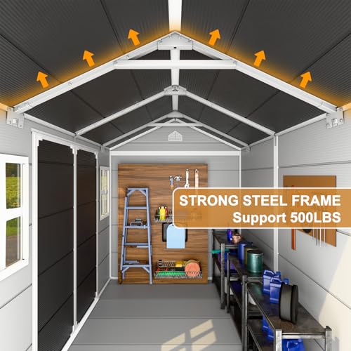 Outdoor Resin Storage Shed 8x4x6 FT with Floor, 2 Windows and Lockable Door X6418