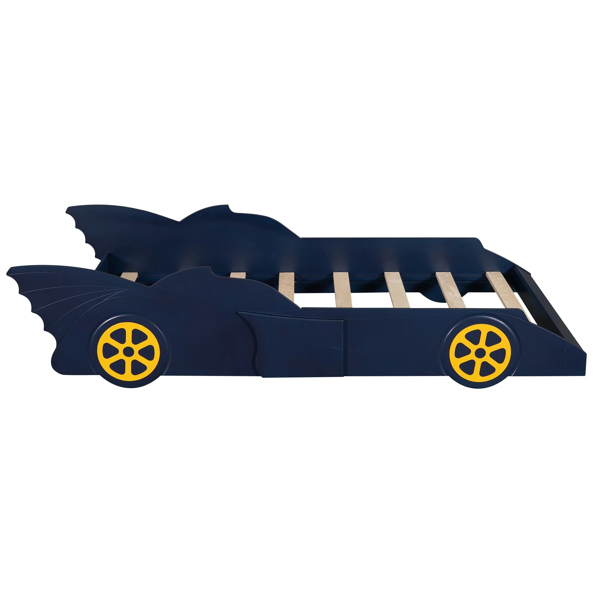 iRerts Race Car Shaped Twin Bed Frame for Kids, Wood Platform Bed with Wheels, Blue/Yellow V249491