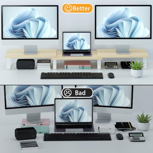 Dual Monitor Stand Wood Desk Organizer with Adjustable Length and Angle (Vintage) O519