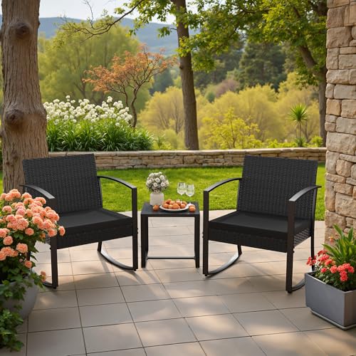 Homall 3 Piece Resin Outdoor Bistro Set with Cushions and Table, Black T139662