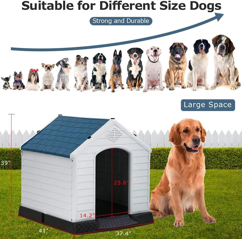 Large Plastic Dog House Indoor Outdoor Pet Kennel with Air Vents, 39 Inch High M8648