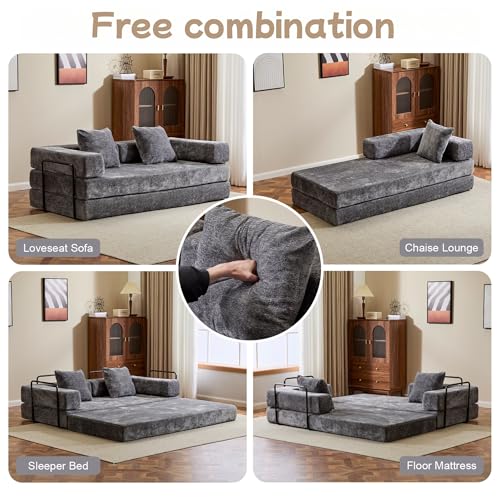 Convertible Floor Sofa Bed with Pillow Back and Armrest, Chenille, Dark Gray N4509