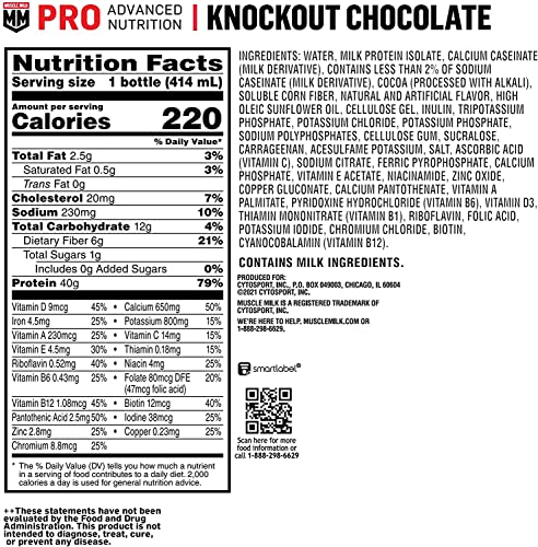 Muscle Milk Pro Advanced Nutrition Protein Shake, Knockout Chocolate, 14 Fl Oz, 12 Pack W259