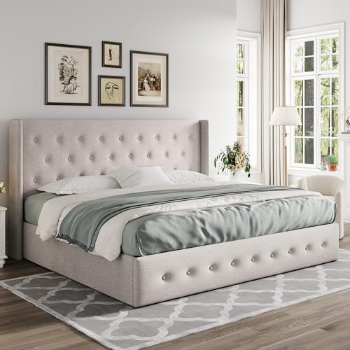 Allewie Full Size Lift Up Storage Bed with Wingback Headboard, Light Beige C85153
