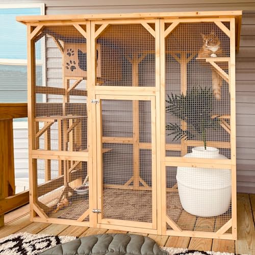 Grepatio Cat Enclosure Large Outdoor Catio Wooden Cat House with Weatherproof, Cat Cage Condo Indoor Playpen with Platform and Small House(Grey)