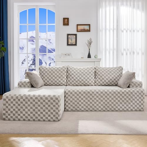 Modular Sectional Sofa L-Shape Couch with Oversized Chaise, Grey Stripe I49459