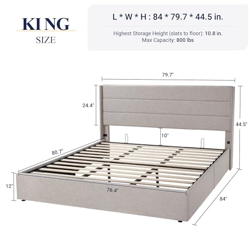 Allewie Full Size Lift Up Storage Bed with Wingback Headboard, Light Beige C85153