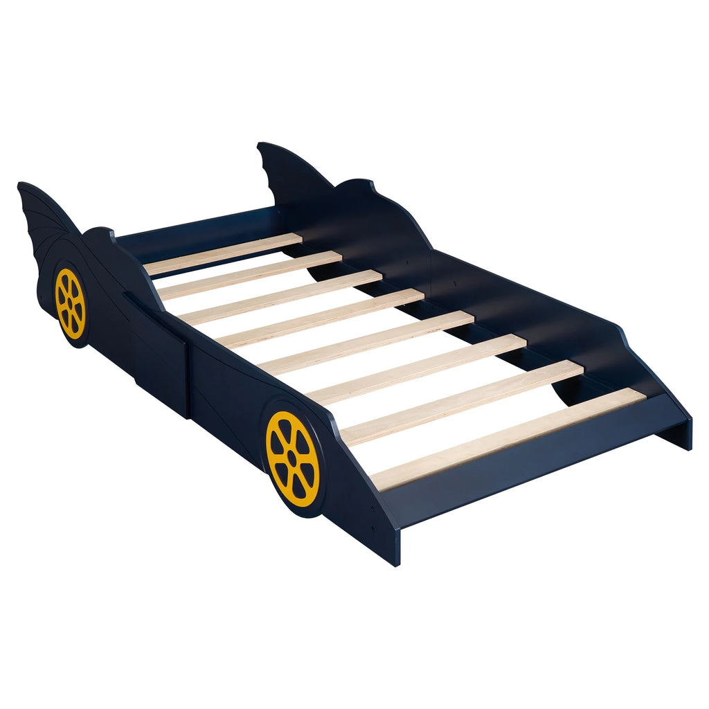iRerts Race Car Shaped Twin Bed Frame for Kids, Wood Platform Bed with Wheels, Blue/Yellow V249491