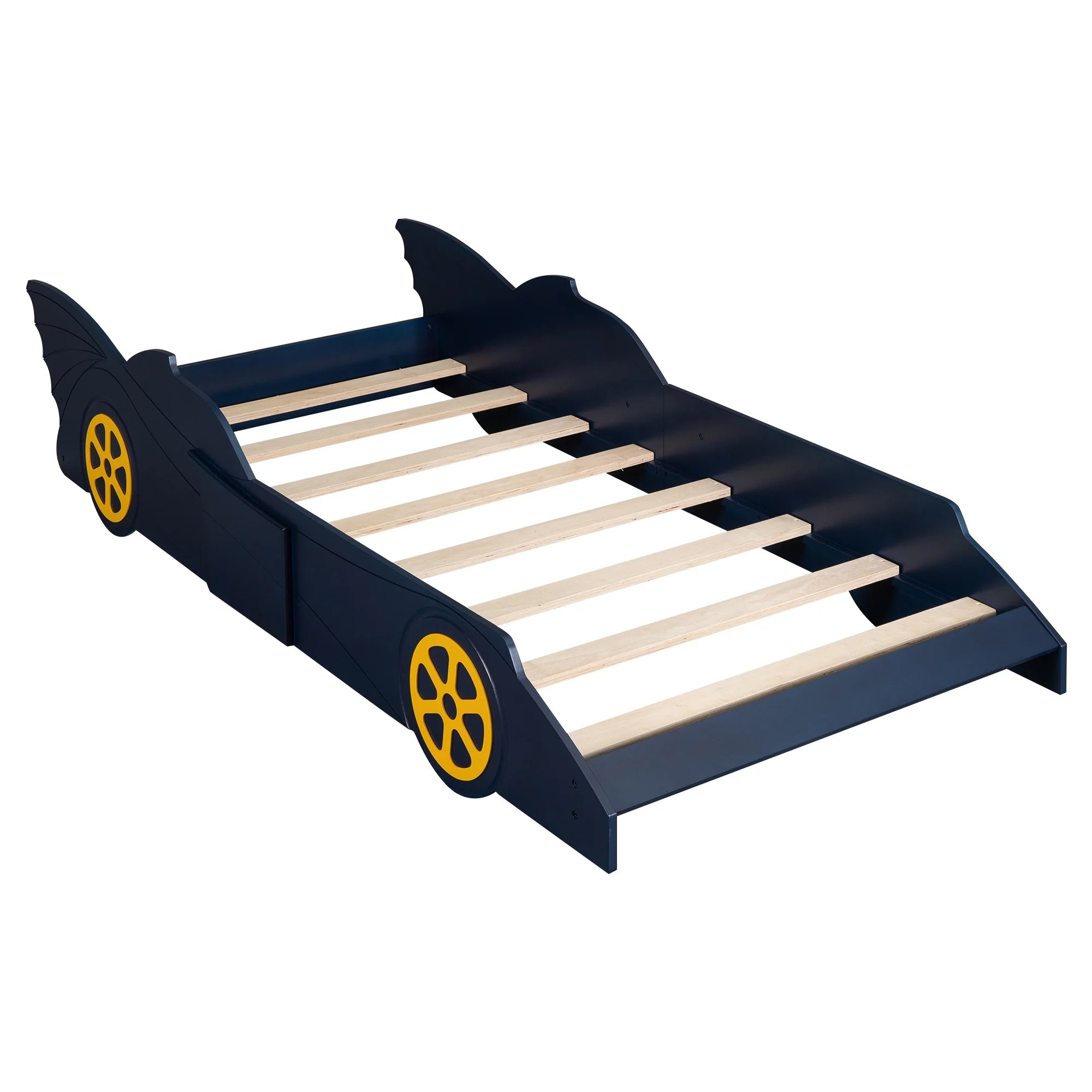 iRerts Race Car Shaped Twin Bed Frame for Kids, Wood Platform Bed with Wheels, Blue/Yellow V249491