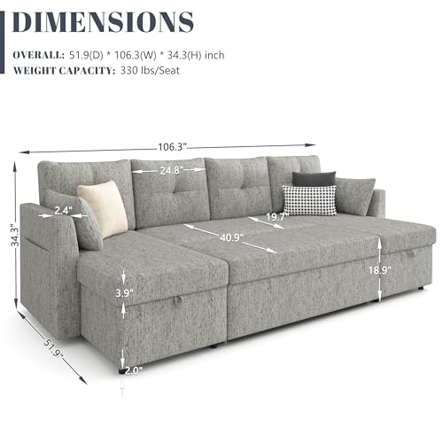 Oversized Sleeper Sofa Couch with Double Storage Chaise, Dark Grey U1381