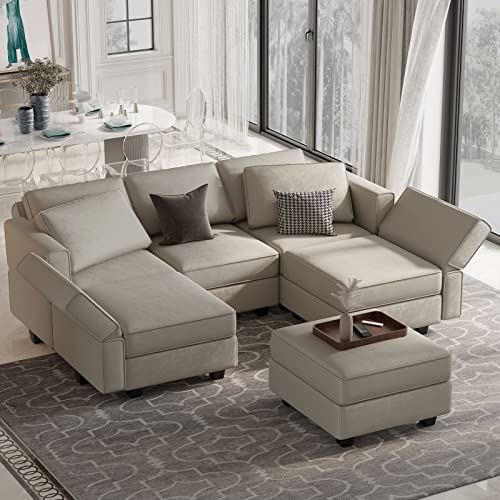 Belffin Modular Velvet Sectional Sofa with Chaise Lounge and Storage, Grey T418154