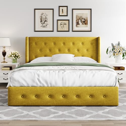 Allewie Full Size Lift Up Storage Bed with Wingback Headboard, Light Beige C85153