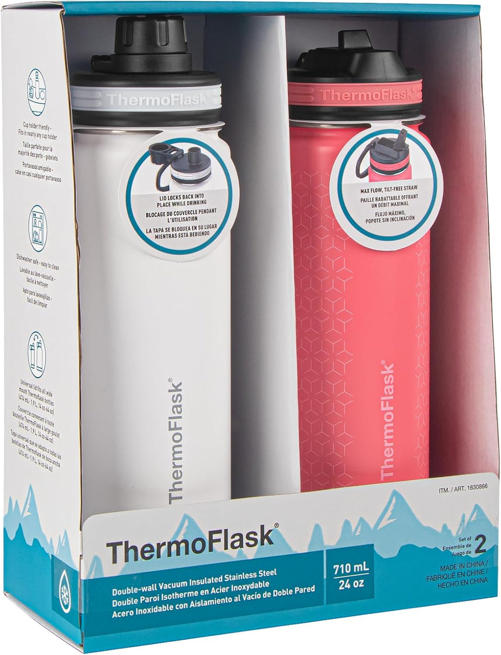ThermoFlask 24 oz Insulated Stainless Steel Water Bottle 2-Pack, White/Coral O285