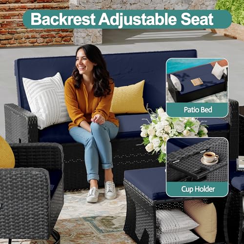 6 Piece Wicker Patio Furniture Set with Swivel Recline Chairs and Storage Ottoman X6280