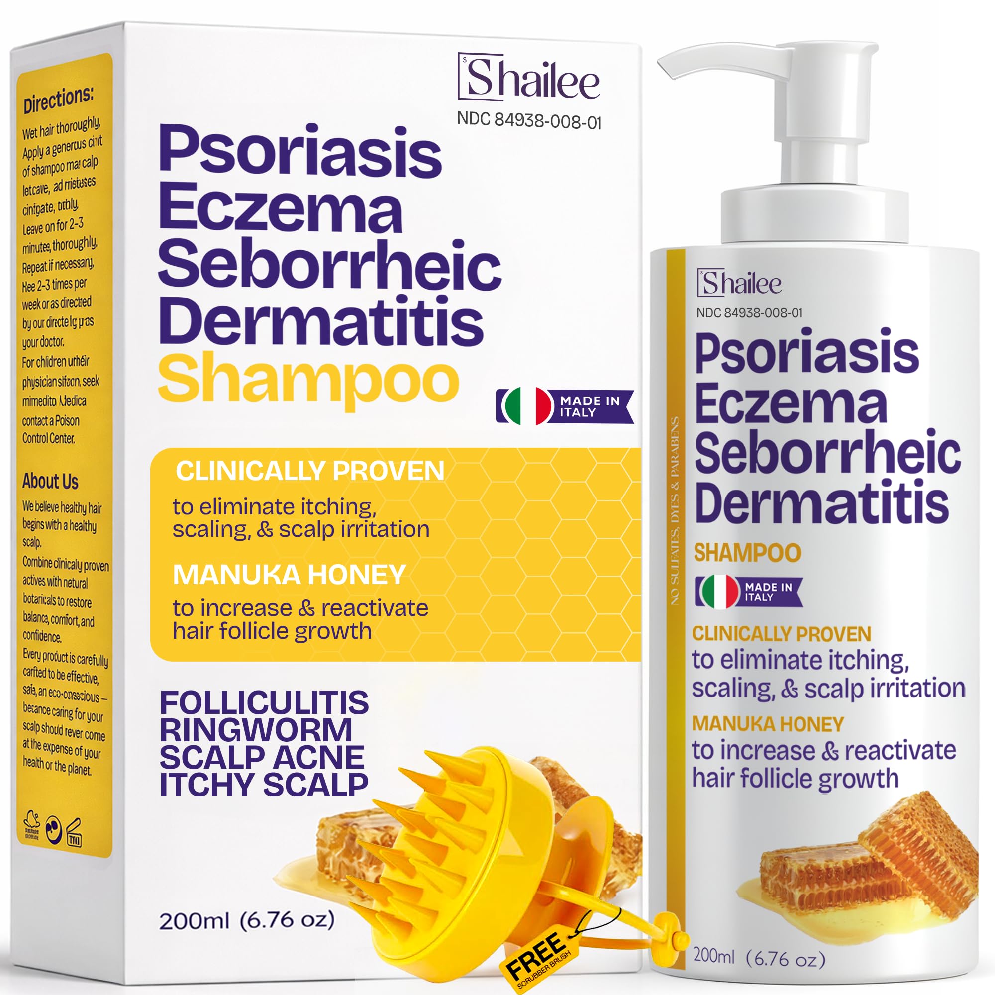 Psoriasis Shampoo with Scalp Scrubber for Eczema & Folliculitis Treatment - Seborrheic Dermatitis Antifungal Shampoo for Ringworm, Acne, Flaking, Dry & Itchy Scalp - Psoriasis Relief with Manuka Honey