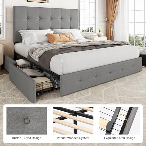 Allewie Upholstered Queen Platform Bed Frame with 4 Drawers and Headboard, Light Grey A922