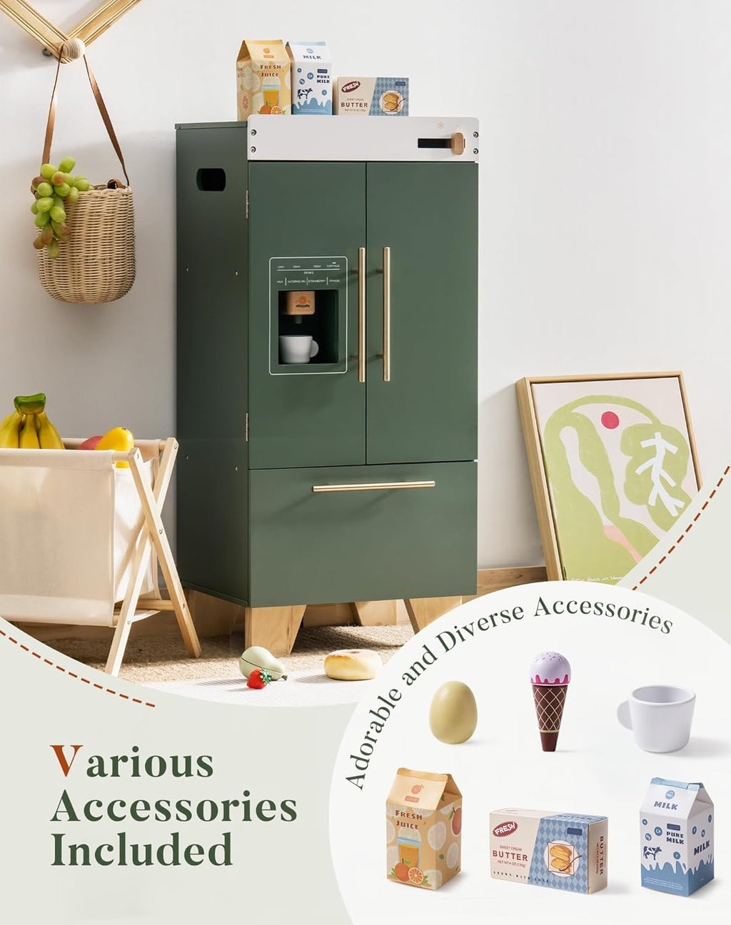 ROBOTIME Wooden Toy Fridge - Play Kitchen Set with Accessories, Vintage Green H96865