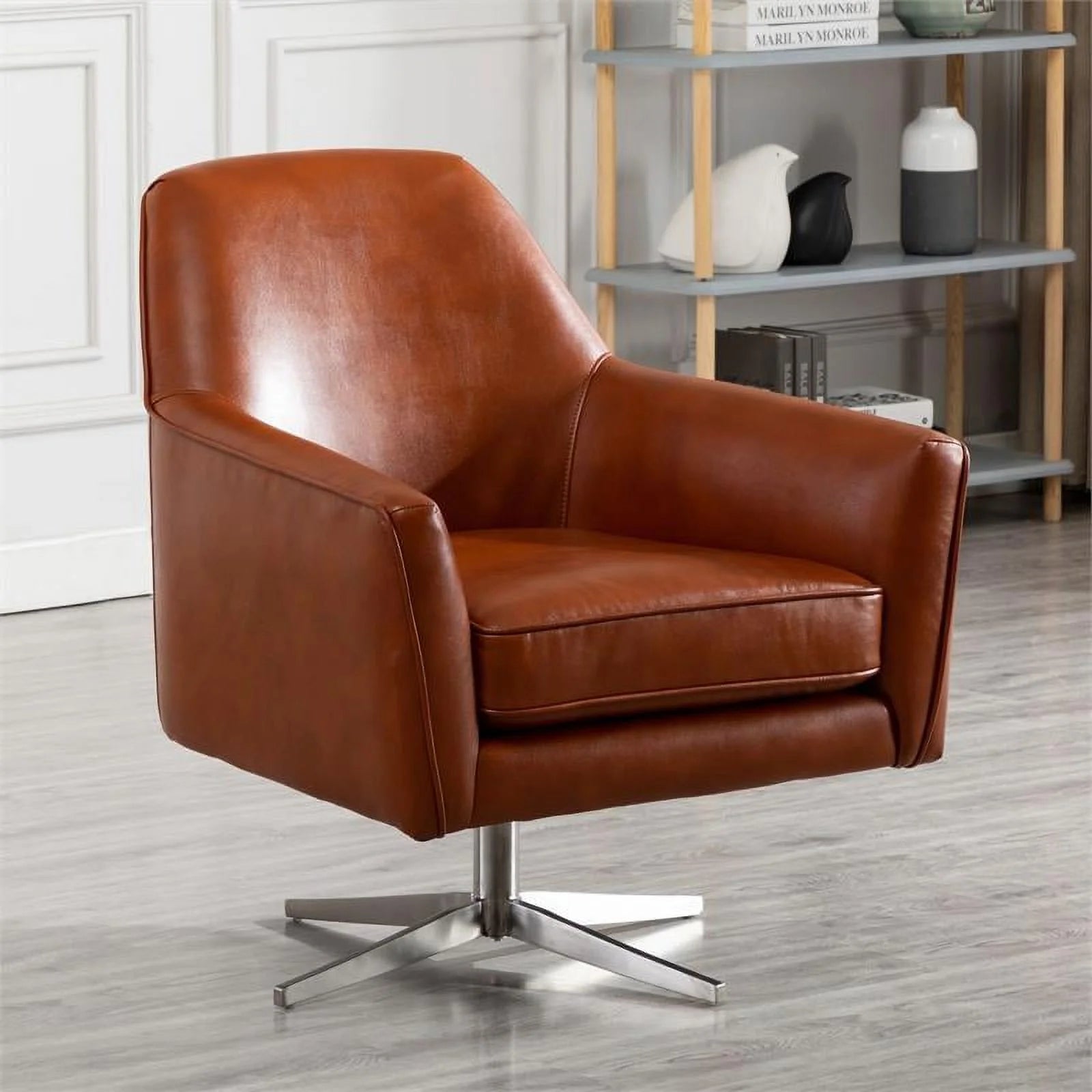 Bowery Hill Mid-Century Faux Leather Swivel Armchair, Caramel Brown R86095