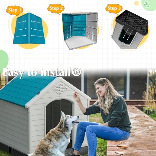 Waterproof Plastic Dog House for Small Medium Large Dogs, Insulated with Elevated Floor, Gray F264926
